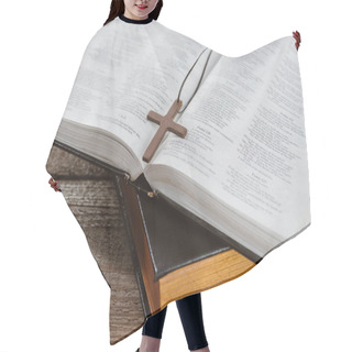 Personality  Close-up Shot Of Holy Bibles With Cross On Wooden Table Hair Cutting Cape