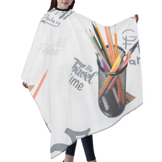 Personality  Color Pencils Near Blurred Papers With Various Fonts On Wooden Desk Hair Cutting Cape