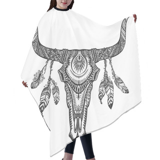 Personality  Bull Skull With Feathers. Hand Drawn Sketch Native American Totem Hair Cutting Cape