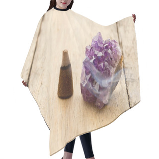 Personality  Burning Incense Cone With Amethyst Crystal With Wafting Smoke On Hair Cutting Cape