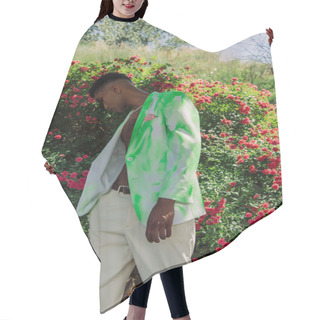 Personality  African American Man In Trendy Green And White Blazer Looking At Blossoming Bushes In Park Hair Cutting Cape
