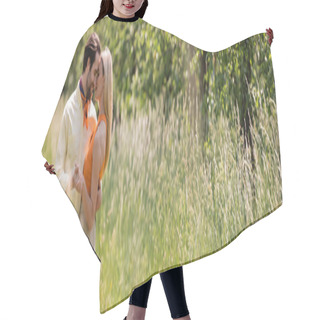 Personality  Side View Of Trendy Couple Holding Hands And Hugging In Summer Park, Banner  Hair Cutting Cape