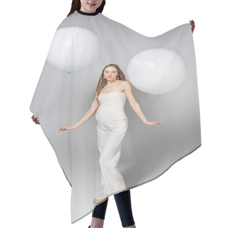 Personality  Full Length Of Trendy And Fair Haired Pregnant Woman Holding White Balloons And Looking At Camera During Gender Reveal Surprise Party On Grey Background, Fashionable Pregnancy Attire Hair Cutting Cape