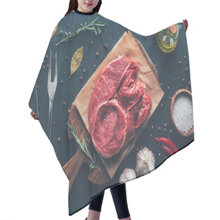 Personality  Top View Of Raw Steak On Parchment Paper And Cutting Board With Spices And Cutlery Around Hair Cutting Cape