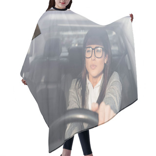 Personality  Young Businesswoman In Formal Wear And Eyeglasses Driving Car On Blurred Foreground Hair Cutting Cape