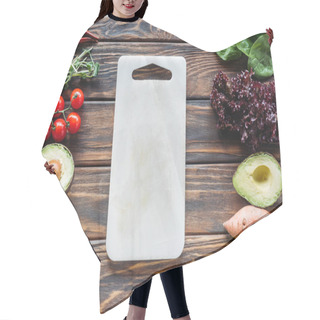 Personality  Flat Lay With Empty Cutting Board And Fresh Vegetables Arranged Around On Wooden Tabletop Hair Cutting Cape