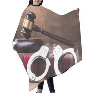 Personality  Gavel And Handcuffs On The Law Book Over The Wooden Table Background Hair Cutting Cape