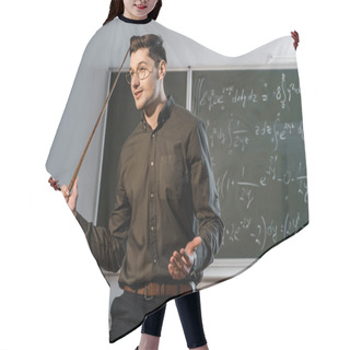 Personality  Handsome Male Teacher In Formal Wear Holding Wooden Pointer And Explaining Equations In Class Hair Cutting Cape