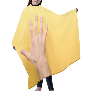 Personality  Cropped View Of Man Showing Five Fingers On Yellow Background  Hair Cutting Cape