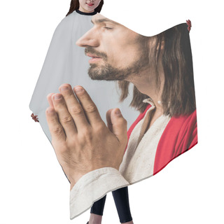 Personality  Side View Of Bearded Man With Praying Hands Isolated On Grey  Hair Cutting Cape