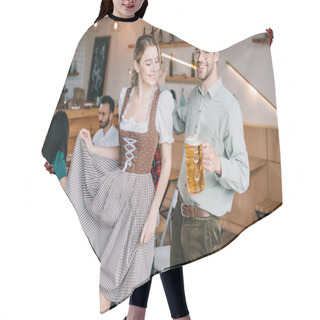 Personality  Happy Man And Woman In Traditional German Costumes Holding Mugs Of Beer  Hair Cutting Cape
