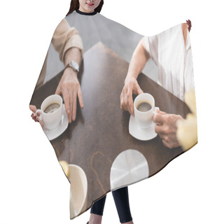 Personality  Cropped View Of Senior Couple Drinking Coffee During Breakfast At Home  Hair Cutting Cape