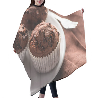 Personality  Close Up View Of Fresh Chocolate Muffins On White Plate Near Fork On Brown Napkin Hair Cutting Cape