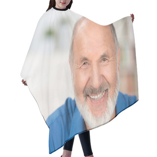 Personality  Portrait Of A Smiling Attractive Senior Man Hair Cutting Cape