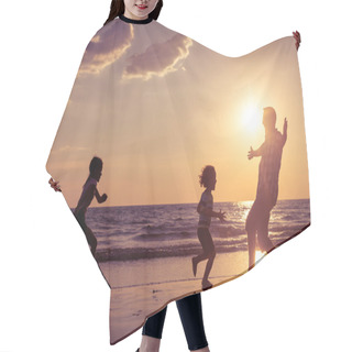 Personality  Father And Children Playing On The Beach At The Sunset Time. Hair Cutting Cape