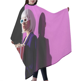 Personality  Interested Girl In 3d Glasses Holding Popcorn On Purple Background Hair Cutting Cape