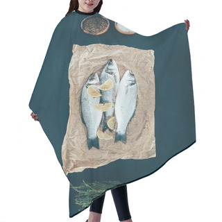 Personality  Top View Of Healthy Organic Fish With Lemon Slices On Baking Paper On Black Hair Cutting Cape