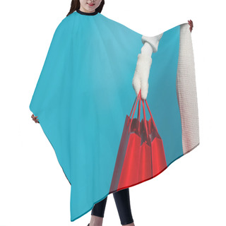 Personality  Cropped View Of Woman In Sweater And Glove Holding Red Shopping Bags Isolated On Blue  Hair Cutting Cape