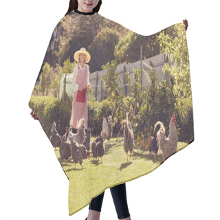 Personality  Senior Woman In Backyard With Chickens Hair Cutting Cape