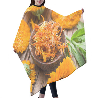Personality  Calendula Or Marigold Flowers On The Old Wooden Table. Hair Cutting Cape