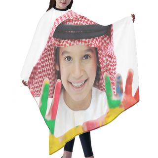 Personality  Arabic Muslim Child Portrait With Color On His Hands Hair Cutting Cape