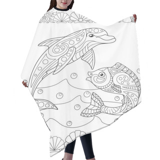 Personality  Page For Sea Book - Coloring Books With Dolphin, Fish, Waves And Bulbs - Stock Illustration. Vector Linear Coloring Book About The Inhabitants Of The Ocean. Outline. Hand Drawing. Hair Cutting Cape