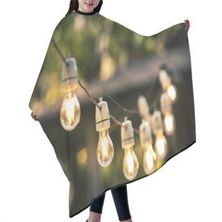 Personality  Outdoor String Lights Hanging On A Line In Backyard Hair Cutting Cape