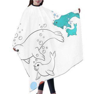 Personality  Coloring Page With Colors. Mother Seal Swims With Her Baby. Hair Cutting Cape