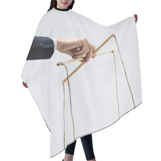 Personality  Cropped View Of Puppeteer In Suit Holding Marionette Isolated On Grey Hair Cutting Cape