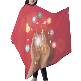 Personality  Woman Holding Vintage Incandescent Lamps With Business Icons On Red Tabletop Hair Cutting Cape
