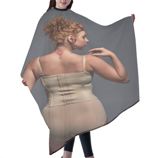 Personality  Back View Of Redhead Plus Size Woman In Beige Underwear On Dark Grey Backdrop, Body Confidence Hair Cutting Cape