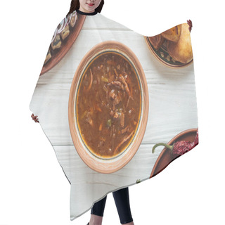 Personality  Top View Of Tasty Traditional Mixed Meat Soup And Dishes Around On White Wooden Background Hair Cutting Cape