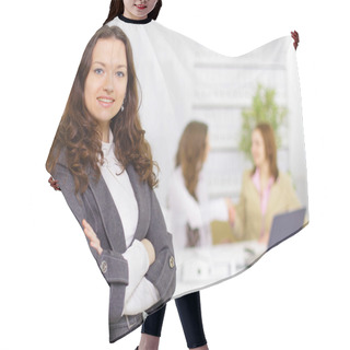 Personality  Successful Business Woman Standing With Her Staff In Background At Office Hair Cutting Cape