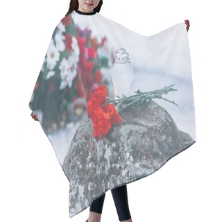 Personality  Memorial Flowers. Red Carnations On The Stone In Memory Of The War. World War II, The Great Patriotic War, Wreaths And Carnations. Hair Cutting Cape