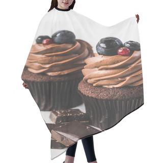 Personality  Close Up View Of Chocolate Cupcakes With Cream, Grape, Berries And Pieces Of Chocolate Isolated On White Hair Cutting Cape