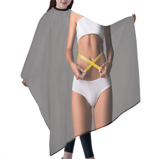 Personality  Partial View Of Sexy Girl In Underwear Using Measuring Tape Isolated On Grey Hair Cutting Cape