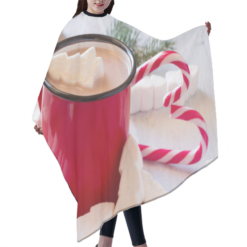 Personality  Mug Of Christmas Cocoa With Marshmallows In Shape Christmas Trees And Candy Canes Hair Cutting Cape