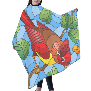 Personality  Illustration In The Style Of Stained Glass With A Beautiful Red Bird  On A  Background Of Branch Of Tree And Sky Hair Cutting Cape