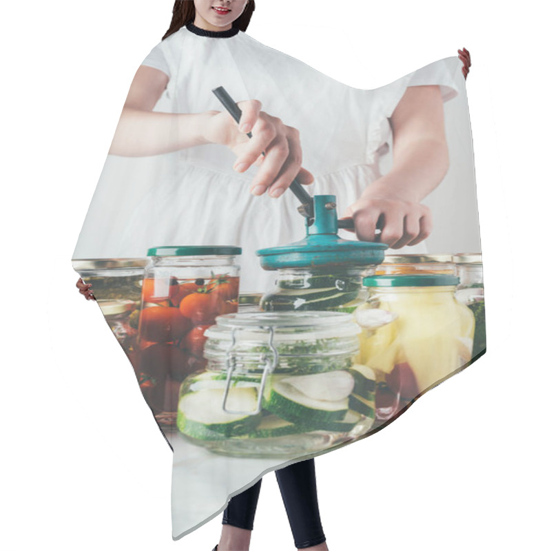 Personality  Cropped Image Of Woman Preparing Preserved Vegetables On Table At Kitchen Hair Cutting Cape