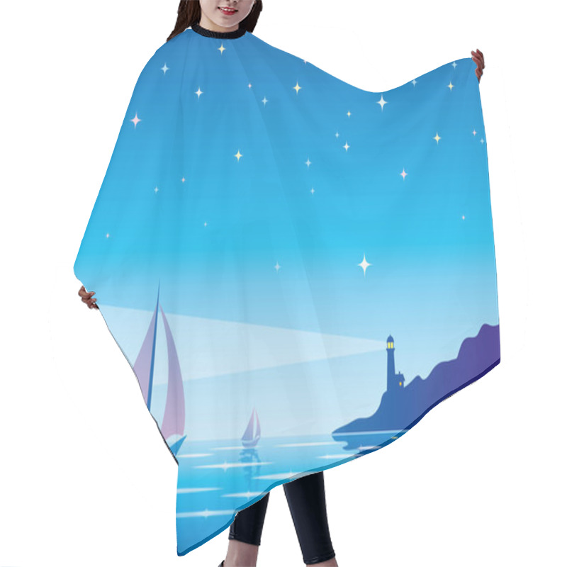 Personality  Vector Evening Seascape With Sailboat, Lighthouse And Clear Star Hair Cutting Cape