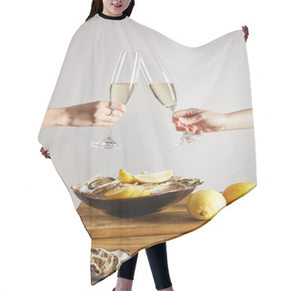 Personality  Cropped View Of Women Toasting Champagne Glasses With Sparkling Wine Near Bowl With Oysters And Fresh Lemons Isolated On Grey  Hair Cutting Cape
