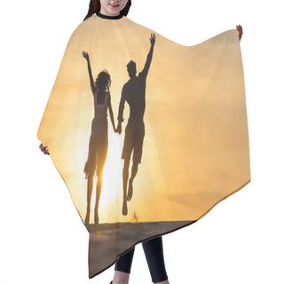 Personality  Silhouettes Of Man And Woman Jumping On Beach Against Sun During Sunset Hair Cutting Cape