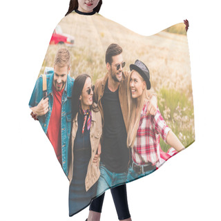 Personality  Group Of Young Friends Embracing And Walking By Field Together During Trip Hair Cutting Cape