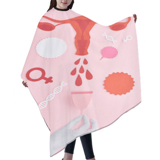 Personality  Cropped View Of Hand Holding Menstrual Cup Near Red Paper Cut Female Reproductive System With Blood Drops And Empty Cards On Pink Background Hair Cutting Cape