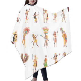 Personality  Aztec Warriors Set, Men And Women In Traditional Clothes And Headgear With Weapon Vector Illustrations On A White Background Hair Cutting Cape