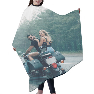 Personality  Young Couple Of Bikers Riding Black Motorcycle Near Green Forest At Stormy Weather Hair Cutting Cape
