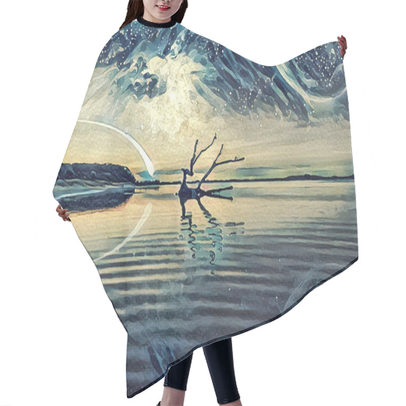 Personality  Fantasy landscape Illustration artwork -  Lake and and Hills with driftwood reflecting in the water, huge planet in the sky, galaxy and comet hair cutting cape