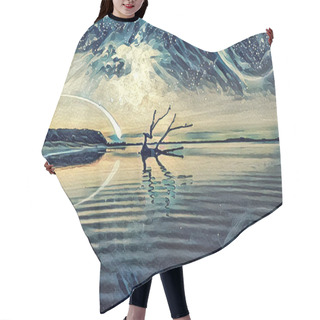 Personality  Fantasy Landscape Illustration Artwork -  Lake And And Hills With Driftwood Reflecting In The Water, Huge Planet In The Sky, Galaxy And Comet Hair Cutting Cape