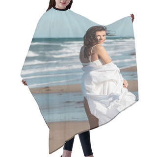 Personality  Young Woman In White Shirt And Swimwear Standing Near Ocean Hair Cutting Cape