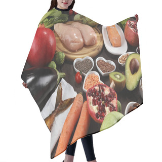 Personality  Healthy Food Clean Eating Selection. Fruit, Vegetable, Seeds, Superfood, Cereals, Leaf Vegetable And Fish And Chicken. Hair Cutting Cape